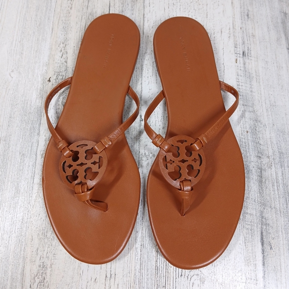 Tory Burch Miller Vintage Vachetta Leather Logo Thong Sandals #383 - Picture 3 of 10
